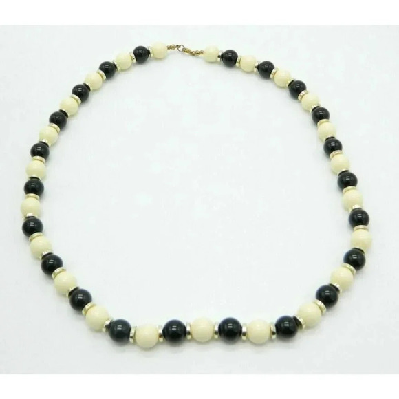 Black Cream Acrylic Bead Beaded Gold Tone Vintage Choker Necklace - Picture 1 of 4